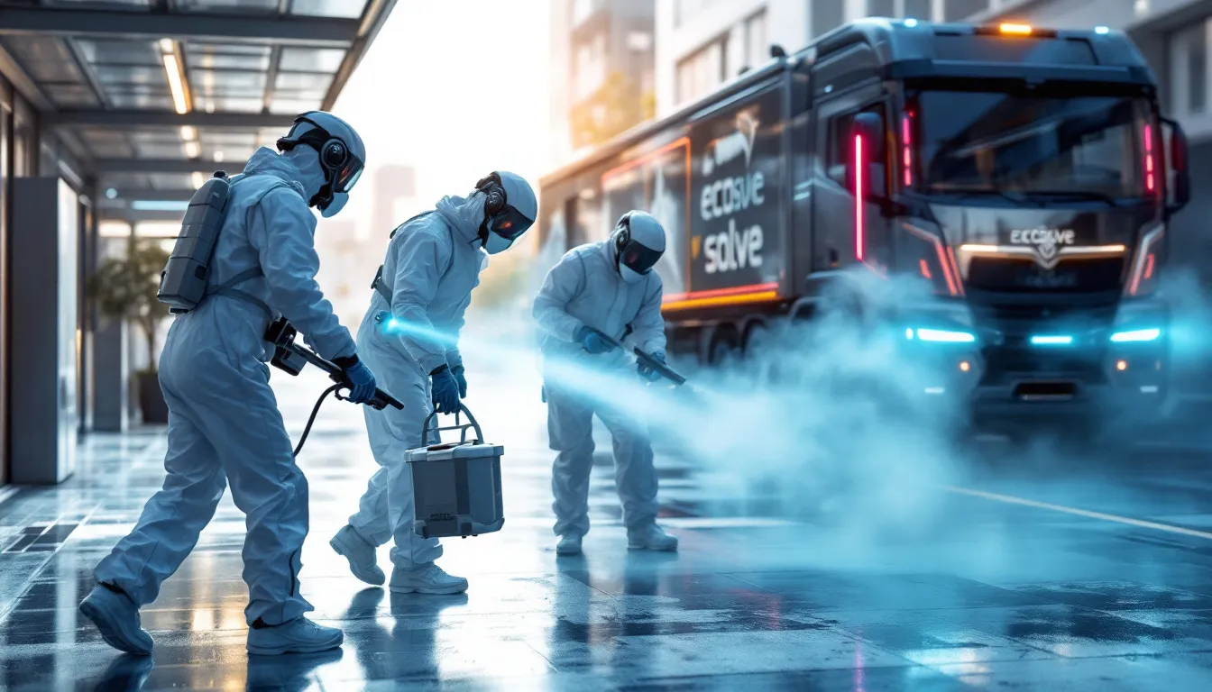 A crime scene being cleaned by professionals with biohazard gear.