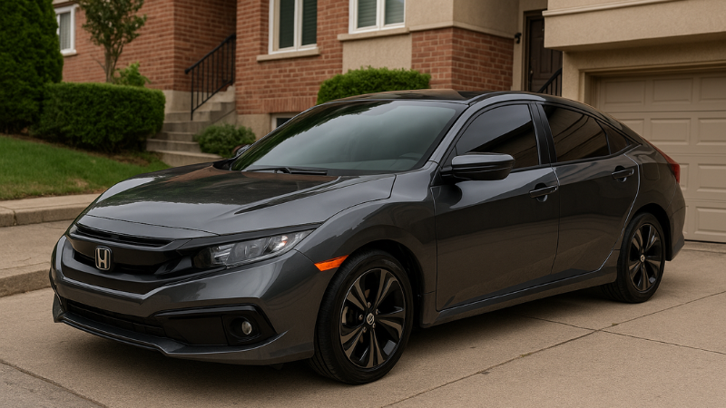 A Honda civic having windows wrapped with ceramic-carbon window tint film