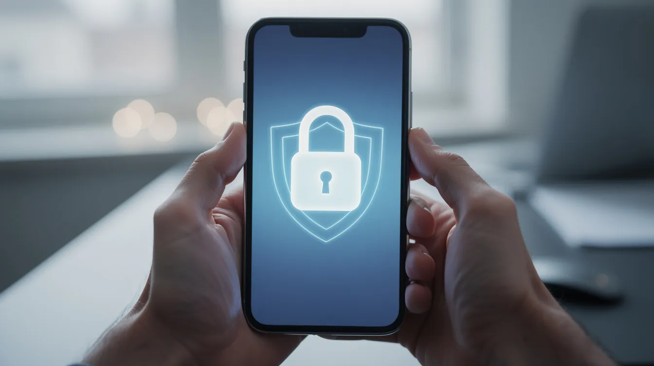 A close-up image shows hands holding a smartphone displaying a security lock icon on the screen, symbolizing the importance of security in online loans (網上貸款) and financial technology (金融科技) in Hong Kong. The focus on the lock reflects concerns about privacy and safety in handling loan amounts (貸款金額) and repayment terms (還款期).