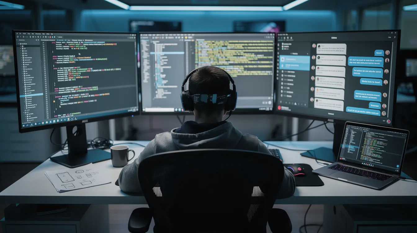 A software developer is focused on multiple monitors displaying various coding interfaces and chat applications, illustrating the collaborative nature of the software development process. The scene highlights the importance of communication and teamwork among software engineers as they work on complex programming tasks and maintain software projects.