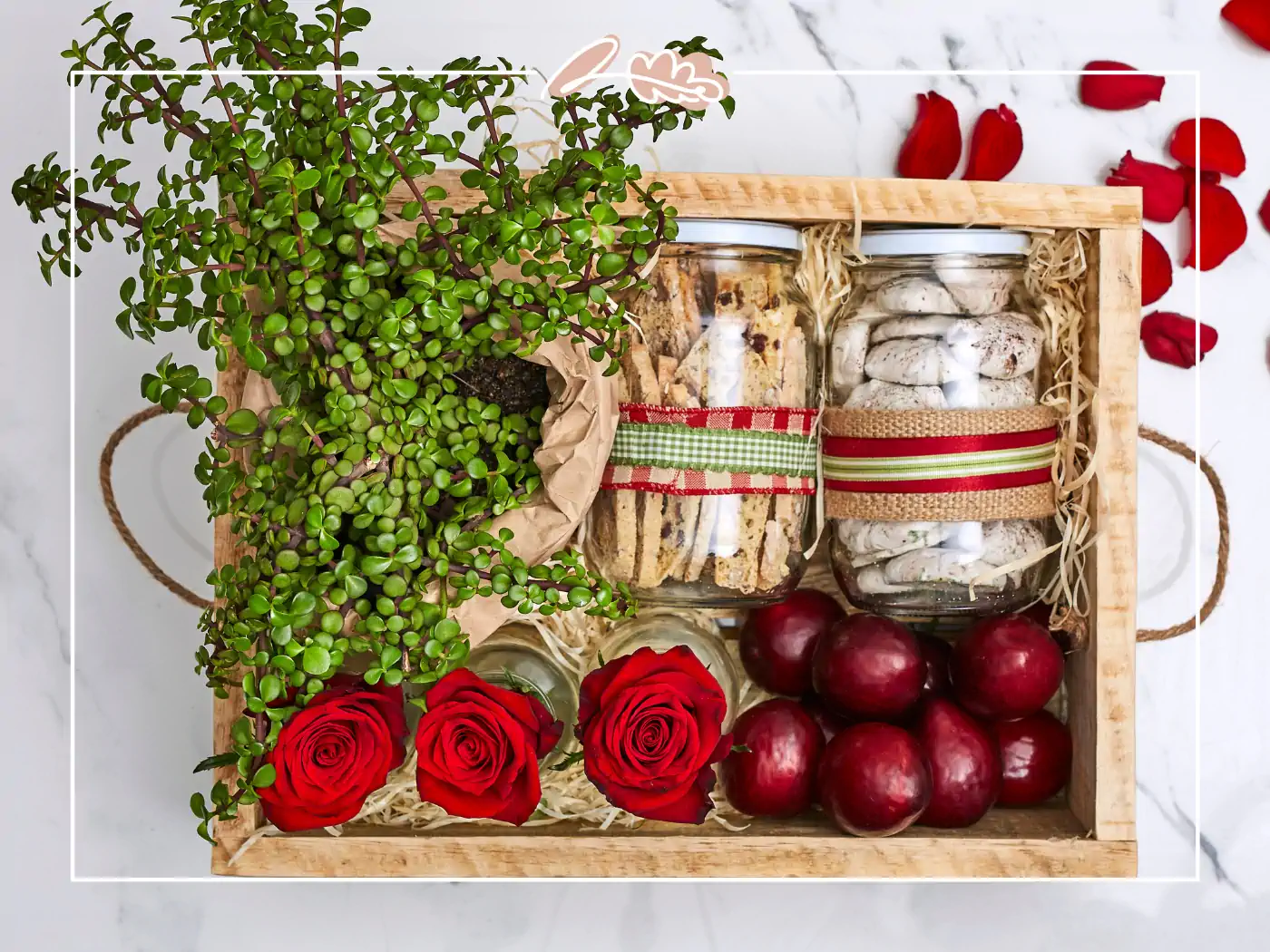 Wooden crate with red roses, cookies, and plants - fabulous flowers and gifts