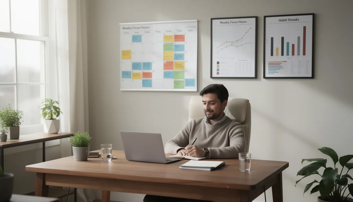 A person is calmly working at an organized desk, surrounded by a calendar and progress charts that illustrate sustainable productivity habits, emphasizing the importance of overcoming procrastination and staying focused on important tasks. The scene conveys a sense of motivation and self-control, showcasing effective strategies to break big tasks into manageable steps and beat procrastination.