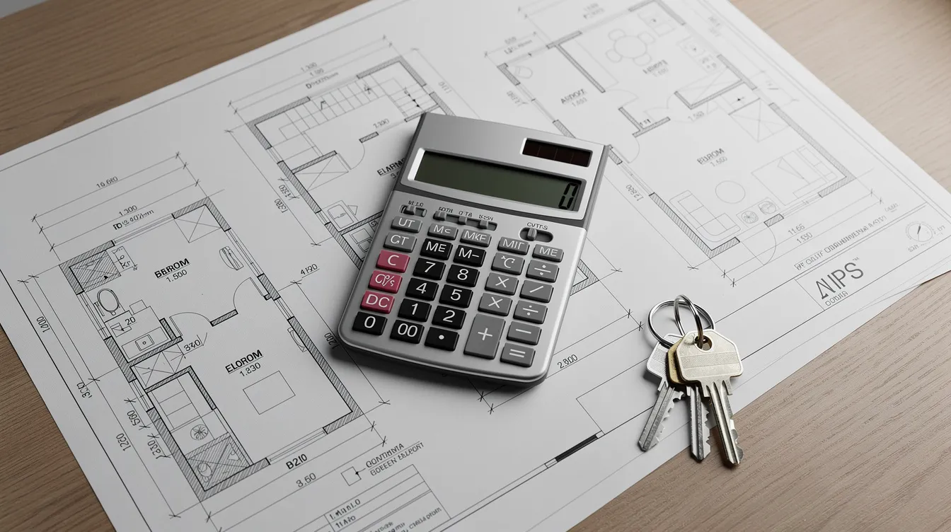 The image depicts a desk cluttered with a calculator, house keys, and architectural blueprints, suggesting a focus on real estate investment and financing. This setup may represent the planning and calculations involved in securing hard money loans for investment properties or renovation projects.