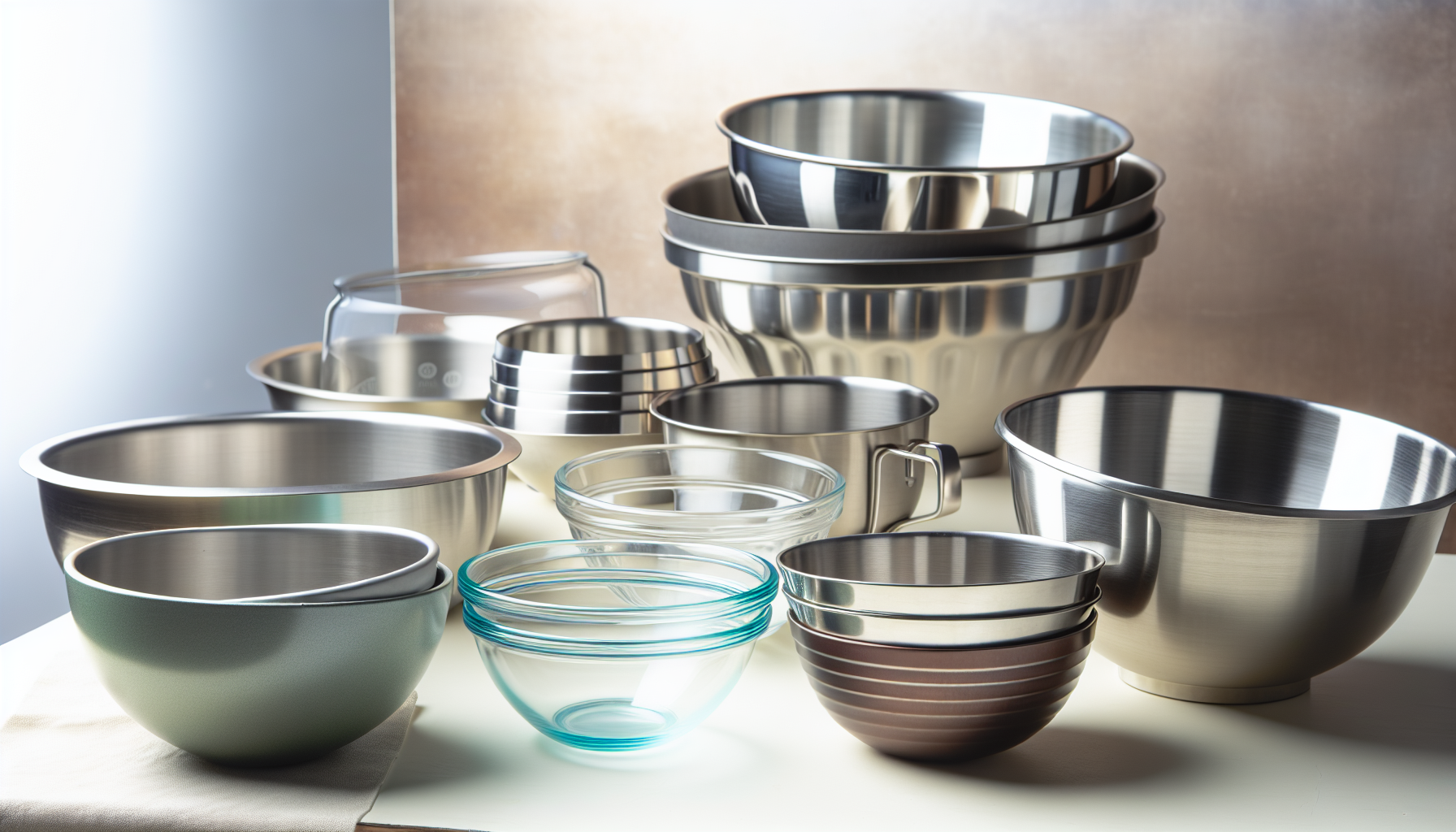 Various mixing bowls made of stainless steel, glass, and plastic