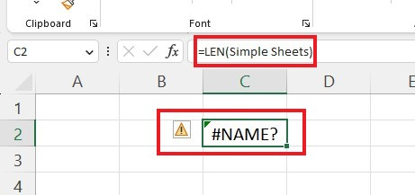 However, if I use either =LEN(Simple Sheets) or LEN("Simple Sheets), it will display a name error.