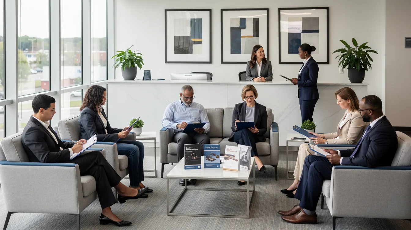 The image shows a diverse group of people in a modern law office waiting area, with some individuals reading documents while others engage in conversation with staff. This scene reflects the environment where potential mass tort clients gather as part of the intake process for mass tort litigation.