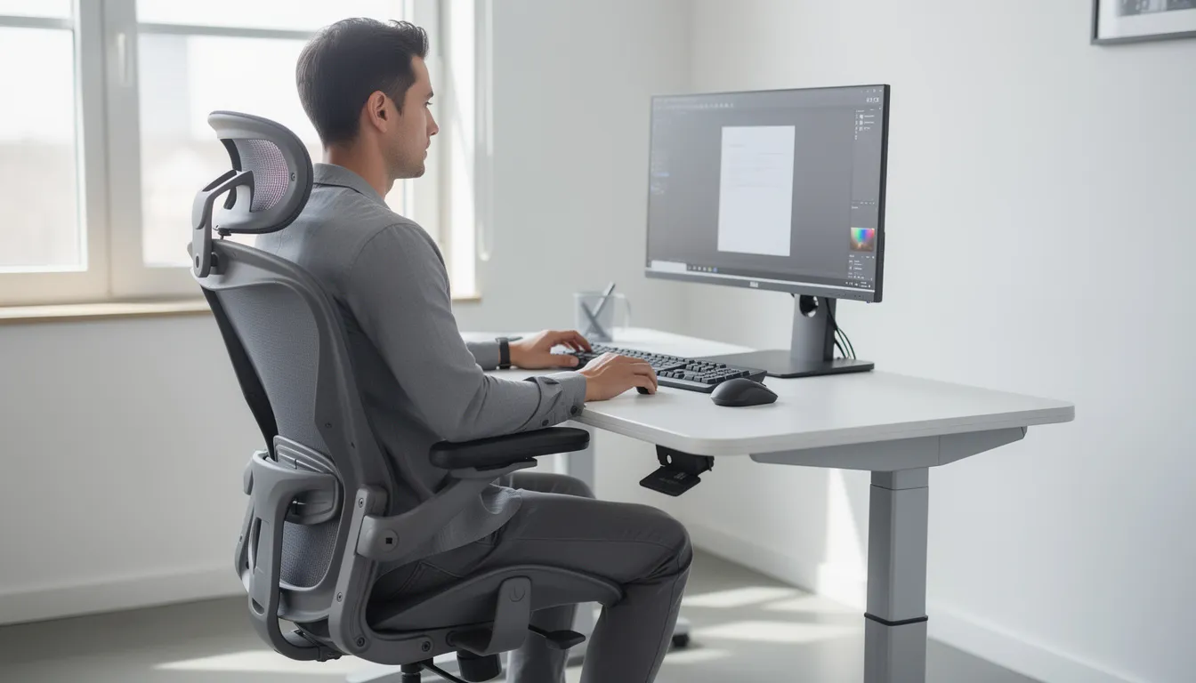A person is demonstrating proper ergonomic sitting posture at a height adjustable desk, with their monitor positioned at eye level to ensure comfort and reduce neck pain. The modern office space features a sit-stand desk that allows for easy adjustments between sitting and standing positions, promoting better health and productivity during long work hours.