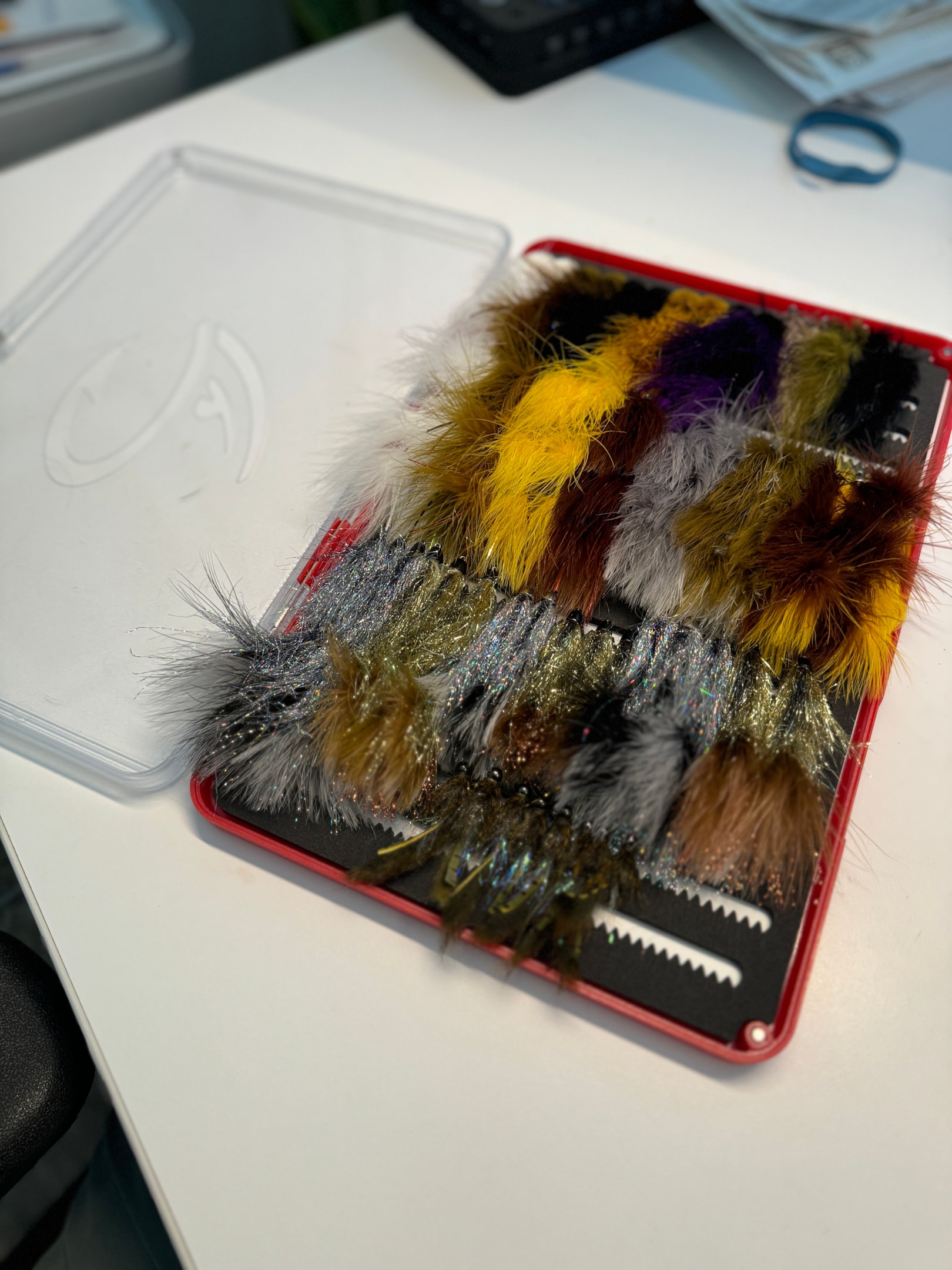 A full box of barbless hook streamers also is a pretty sight.