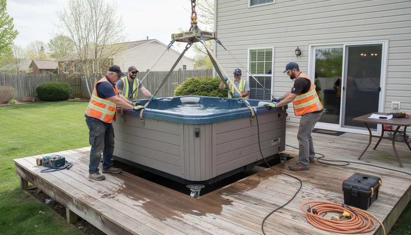 A professional team of workers is carefully removing a large hot tub from a wooden deck in a residential backyard, showcasing efficient junk removal services. The process emphasizes responsible disposal practices, ensuring that unwanted items are handled with care and expertise.