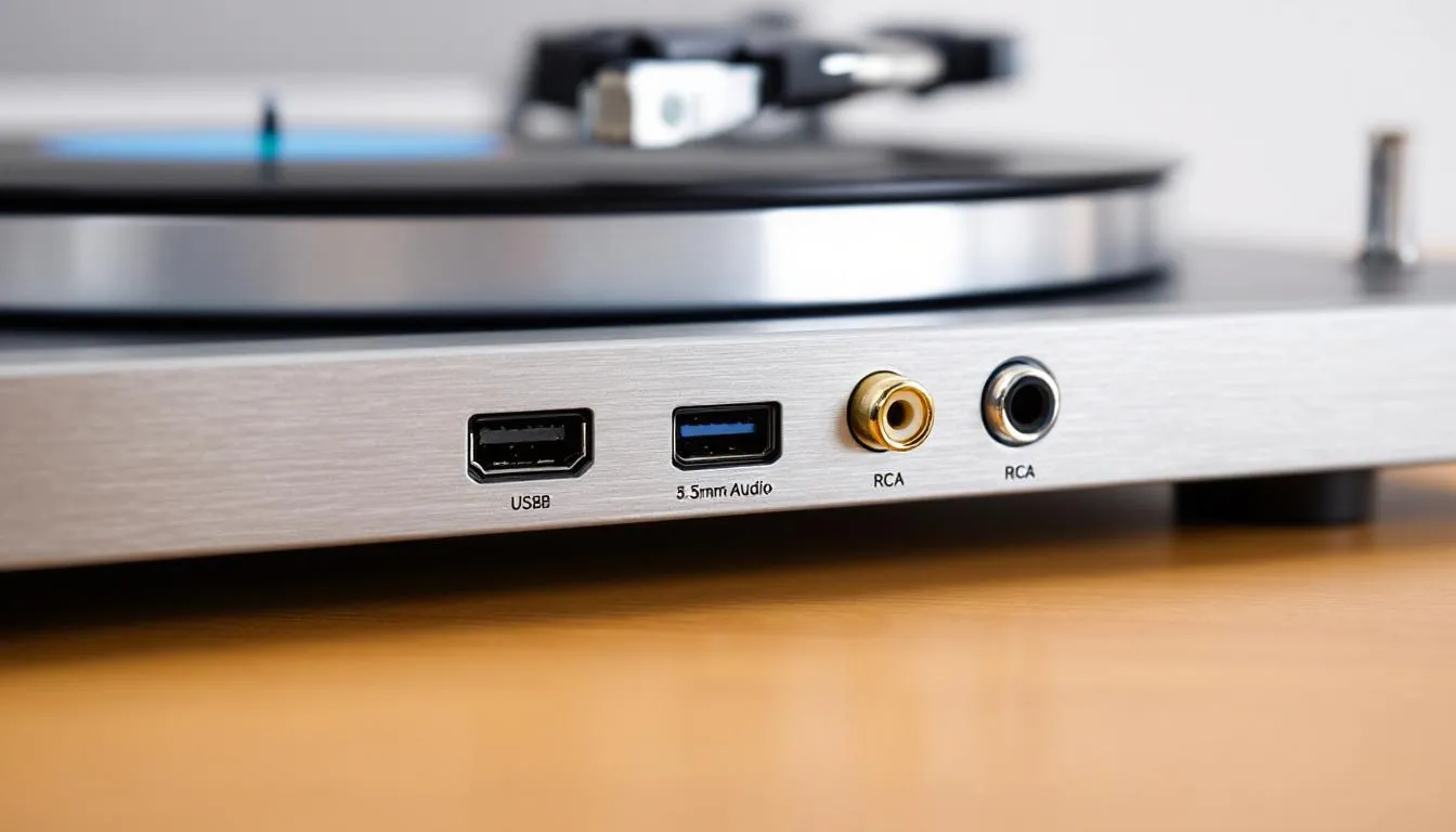 The image shows a close-up view of a turntable connectivity panel, highlighting both USB and traditional audio outputs, essential for connecting DJ turntables to various devices. This panel is designed for high sound quality and easy integration with audio software and digital files.