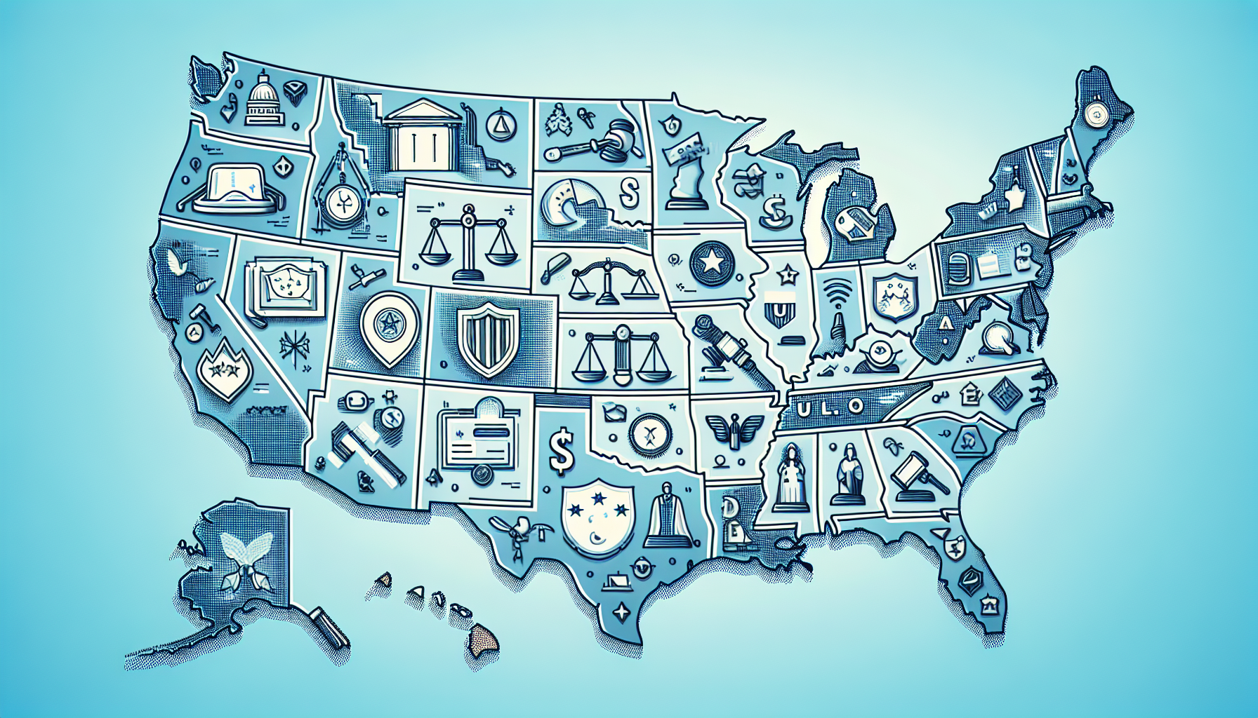 Illustration of a map of the United States with employment law icons