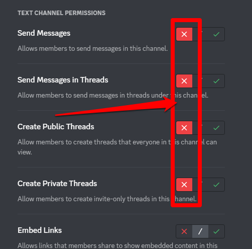 Picture showing the permisions to disable to create a Discord read-only channel