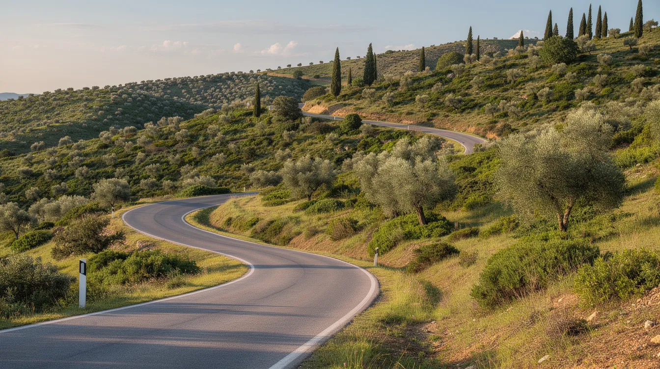 Coche en una carretera asfaltada y sinuosa entre colinas verdes del norte de Marruecos.