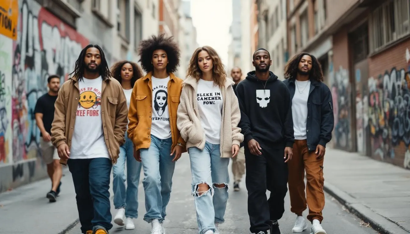 A diverse group of people wearing casual clothing in different sizes.