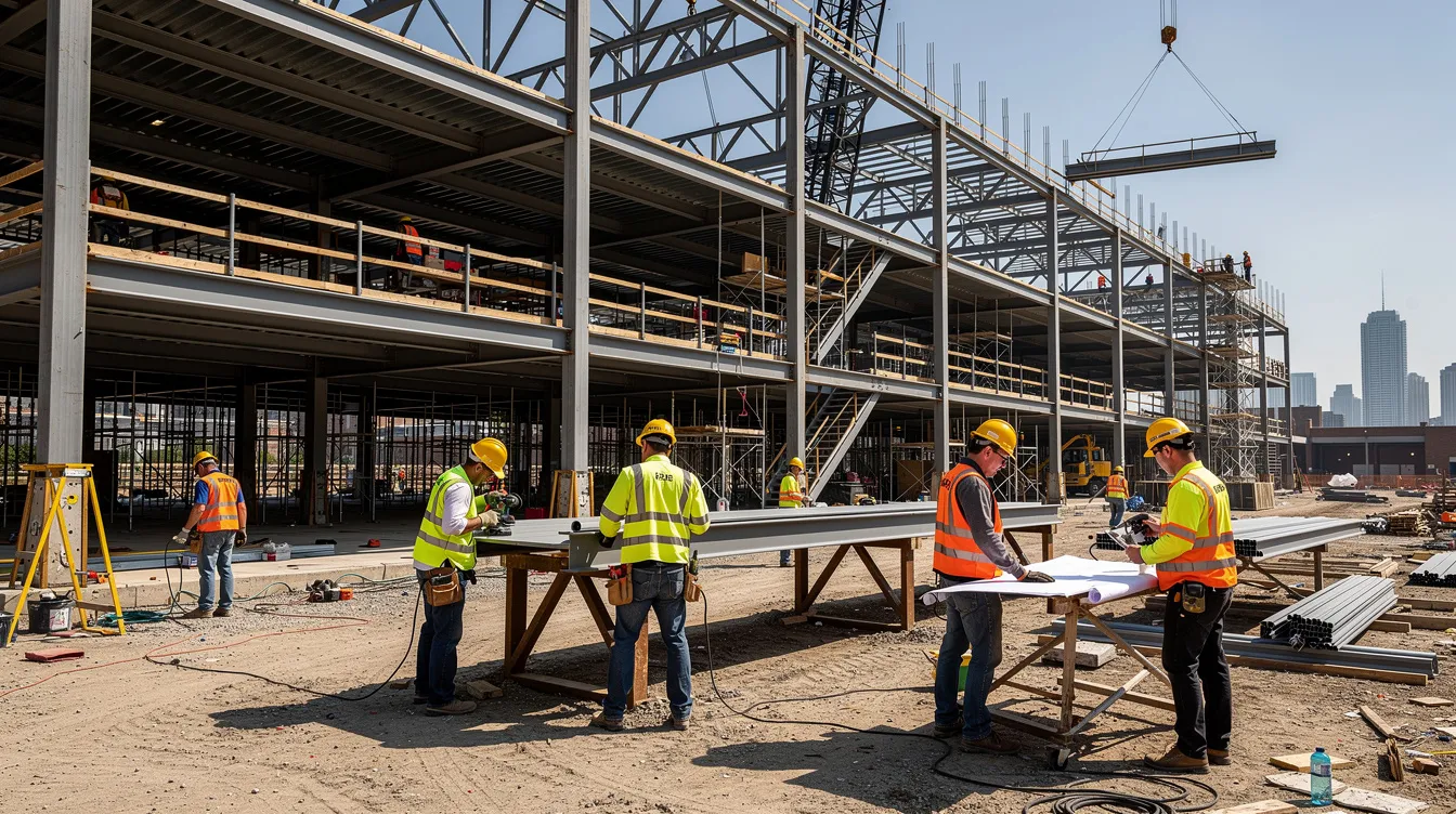 A group of skilled construction workers, wearing hard hats and safety vests, are actively engaged in building a large commercial project, with visible steel framing indicating new construction. The scene highlights the dedication and quality workmanship essential in the construction industry, showcasing the hard work and training required for success in various construction jobs.