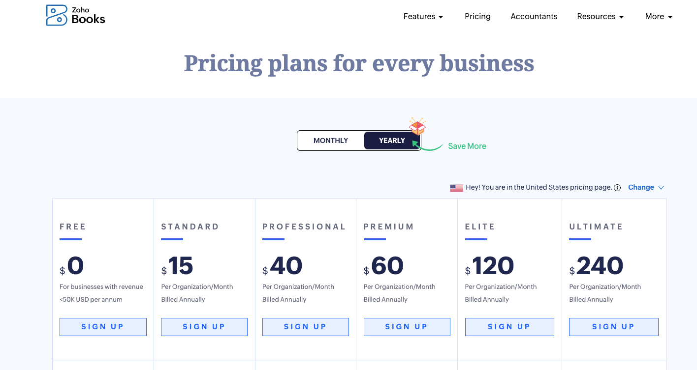 Zoho Books annual plans