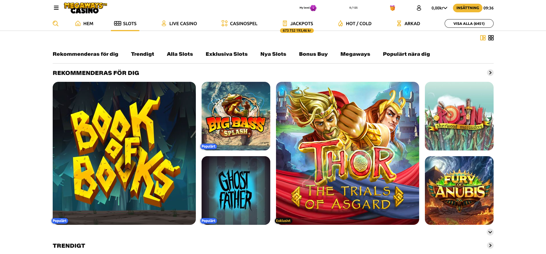Slots hos Megaways Casino med rekommenderade spel och exklusiva spelautomater.
