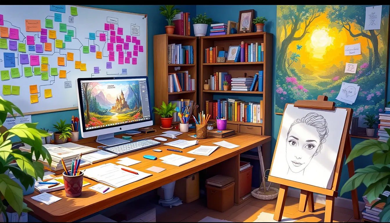 A creative workspace with book covers in various stages of design, illustrating the design process for authors.