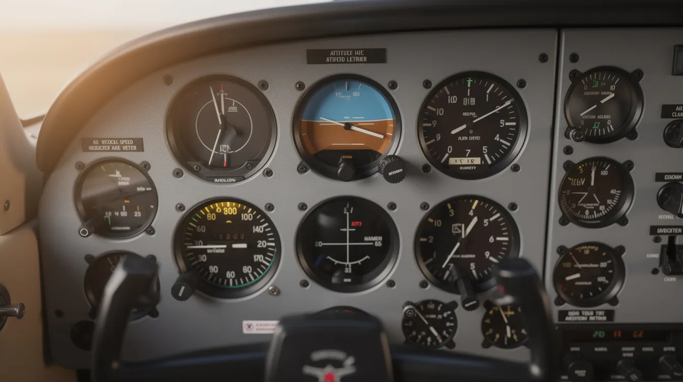 The image depicts an aircraft instrument panel featuring traditional round gauges, including an attitude indicator and other basic aircraft instruments essential for IFR flying. This panel serves as a practical tool for pilots, illustrating concepts discussed in Rod Machado's Instrument Pilot's Handbook.