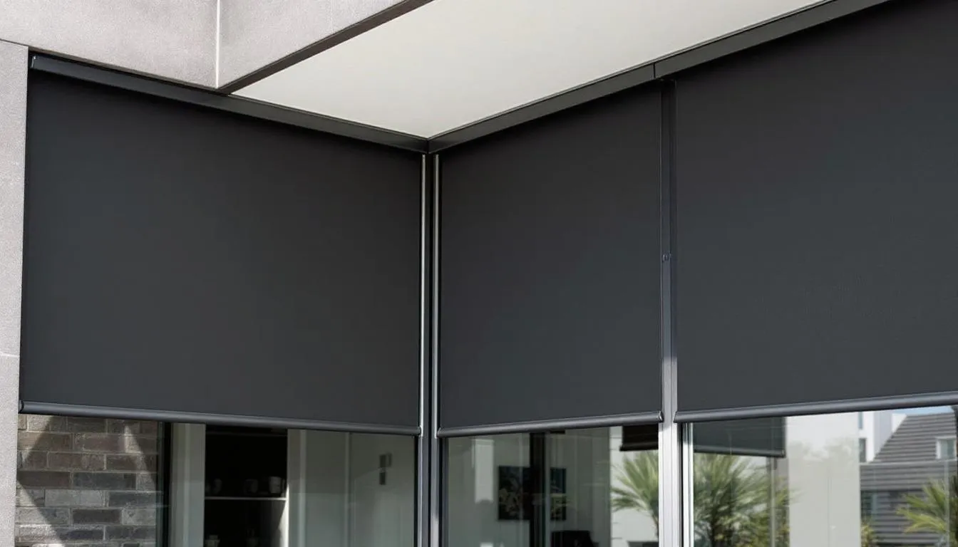 Blackout outdoor roller shades installed in a modern home.