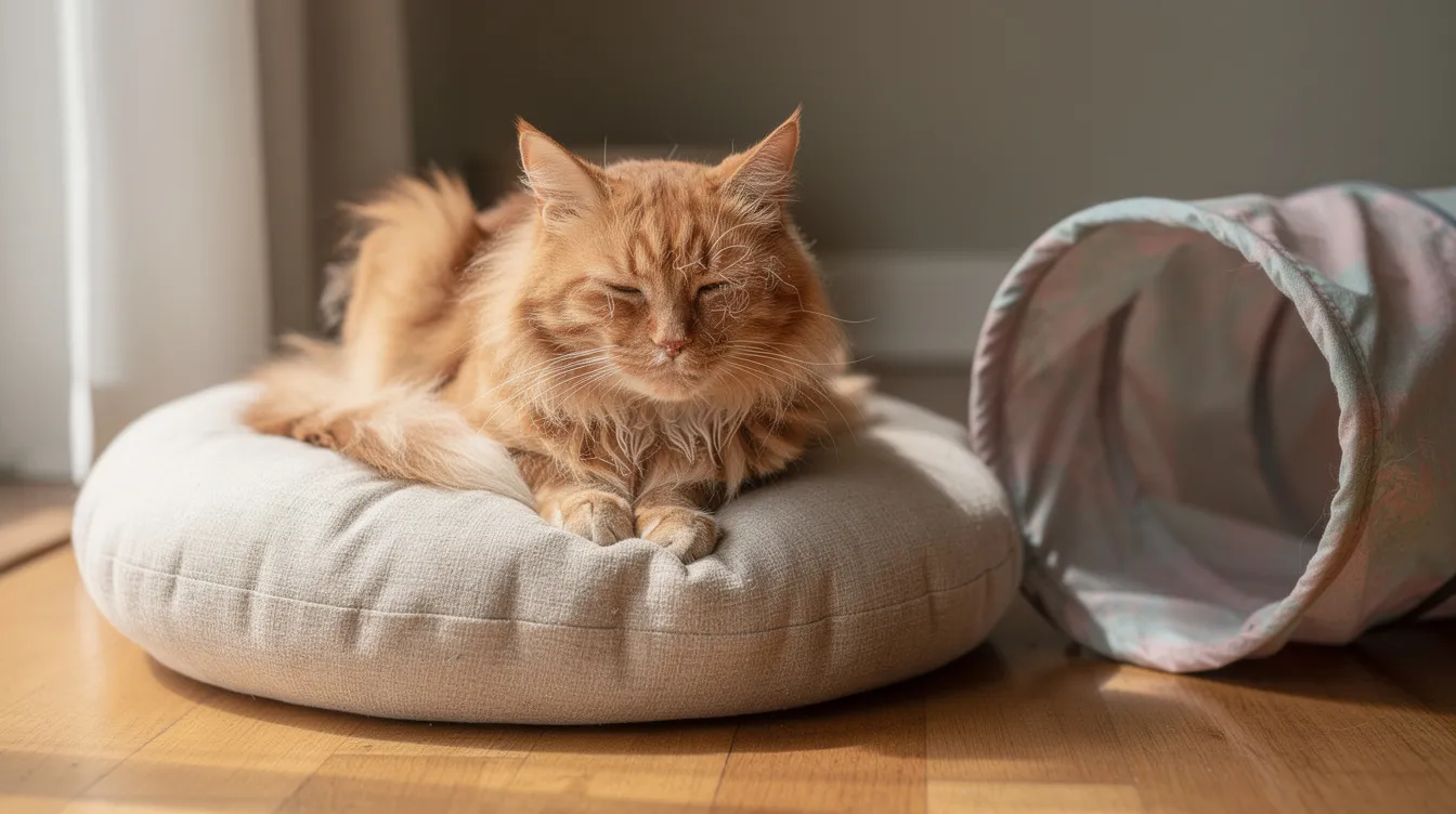An elderly orange cat is resting peacefully on a plush cushion bed, with a new cat tunnel nearby that remains unused. The soft fabric of the bed contrasts with the tunnel, which features two holes for play and exploration, making it an ideal cat toy for indoor cats.