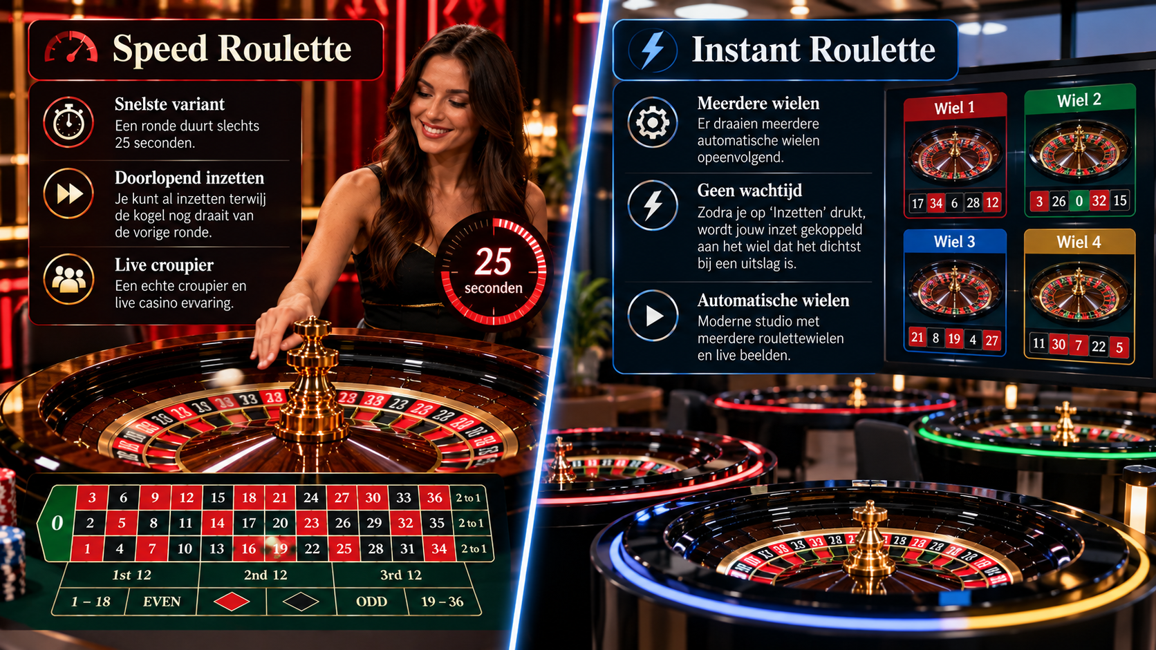 Vergelijking tussen Speed Roulette en Instant Roulette met snelle rondes en meerdere roulettewielen.