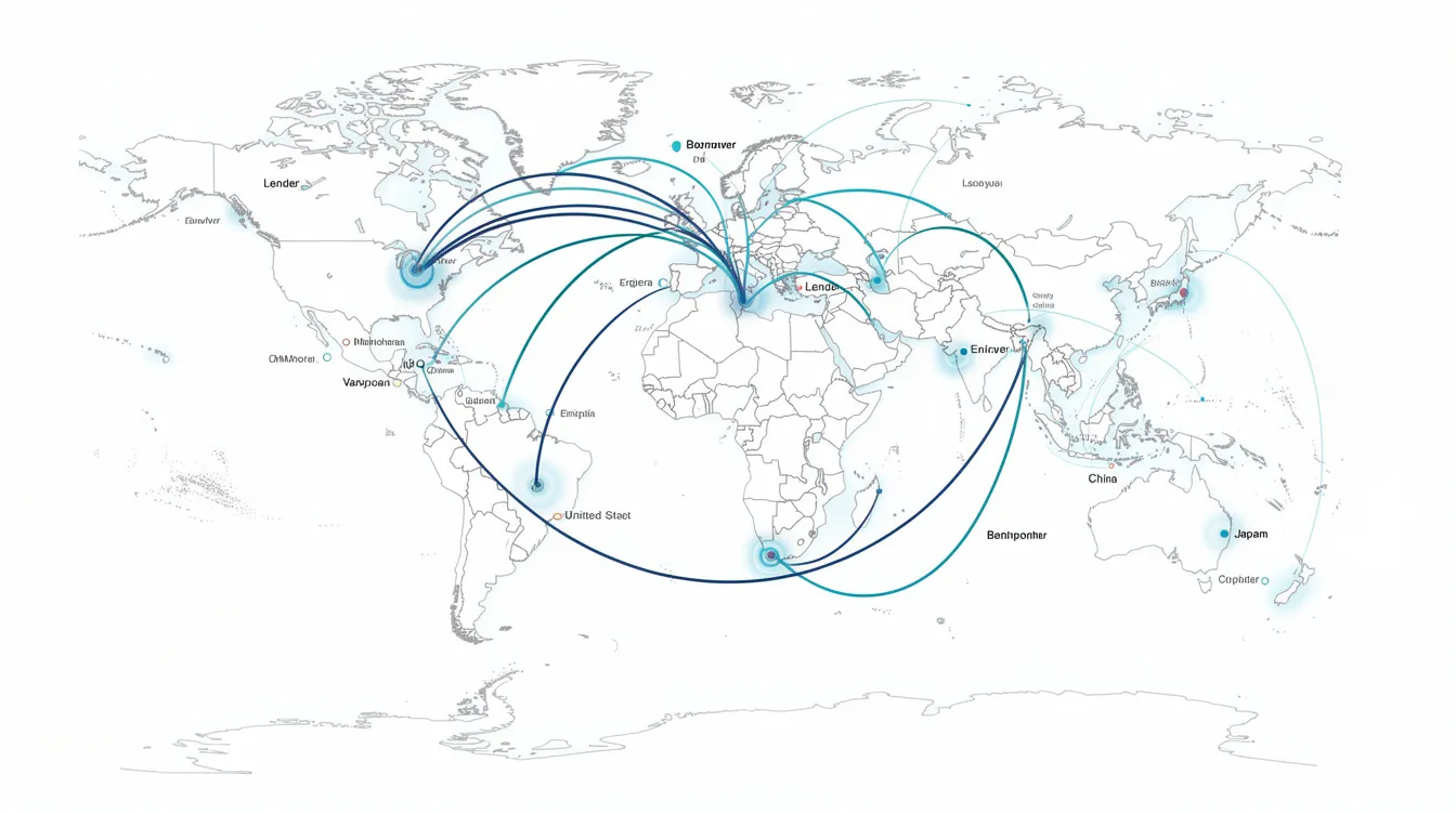 The image depicts a world map with connecting lines between various countries, symbolizing the concept of international peer-to-peer lending. This visual representation highlights the interconnectedness of individual and institutional investors in facilitating personal and business loans across different regions.