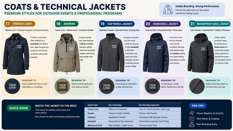 Coats and technical jacket types infographic with trench, anorak, softshell, hardshell, and waterproof shell styles
