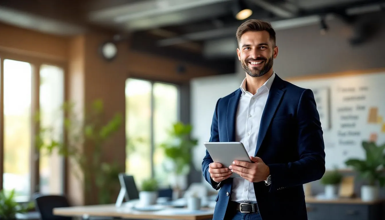 A confident small business owner stands proudly in their office, smiling as they reflect on the improved cash flow achieved through debtor factoring. The scene conveys a sense of success and financial stability, highlighting the advantages of using a factoring company to manage unpaid invoices and enhance customer relationships.