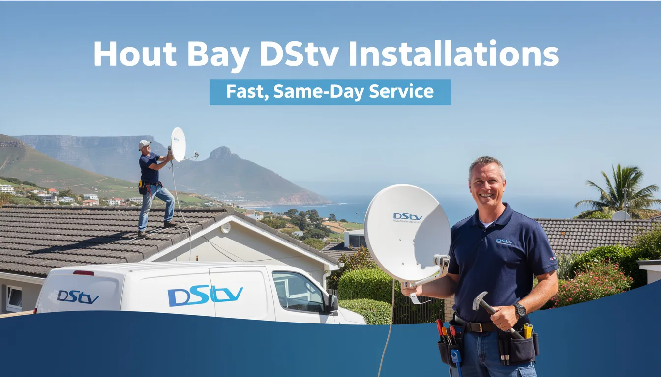 The image depicts a skilled DStv installer in Hout Bay, efficiently setting up a satellite dish for a customer, ensuring optimal signal quality for uninterrupted entertainment. The installer is equipped with necessary tools, showcasing the professional service and expertise offered by trusted Hout Bay DStv installers.