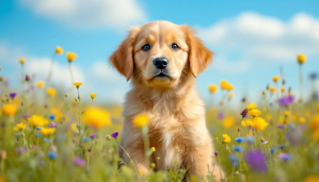 A playful Golden Retriever puppy sits among vibrant wildflowers in a sunny meadow, embodying the joy and inspiration that nature brings to choosing cute dog names for your new furry friend. This little pup, with its cheerful demeanor, represents the perfect companion for any family member.
