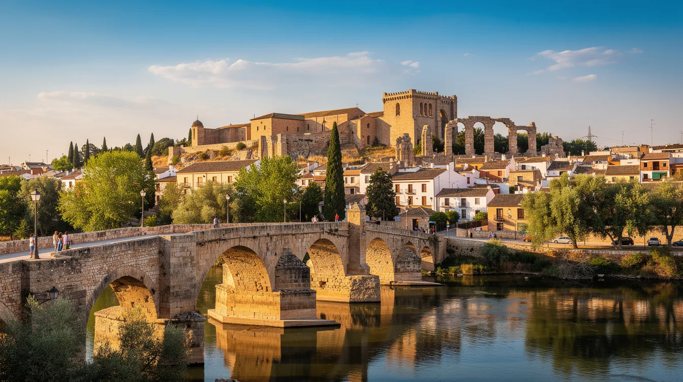 A imagem apresenta uma vista deslumbrante de Mérida, na Espanha, durante o verão, destacando o centro histórico da cidade com seus monumentos romanos, como o teatro romano e o templo de Diana, rodeados por ruas vibrantes e cheias de vida. O rio Guadiana também é visível, adicionando um charme especial a esta capital da Extremadura.
