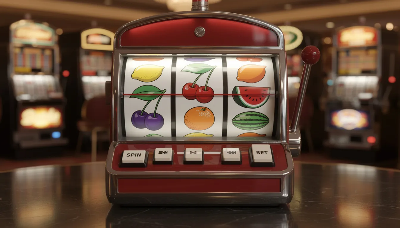 The image features a classic three-reel slot machine adorned with vibrant fruit symbols, including cherries and lemons, inviting players to try their luck. The machine's design is reminiscent of traditional casino games, complete with a prominent sign displaying its playful theme.