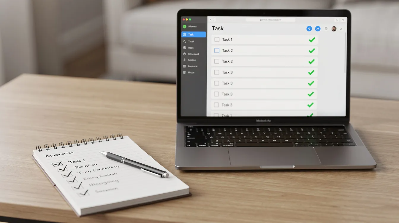 A desk is neatly arranged with a laptop, an open notebook, and a pen, where a checklist is visibly being ticked off. This setup suggests a focus on banking tasks, such as the current account switch service or the new account opening process, highlighting the importance of organized financial management.