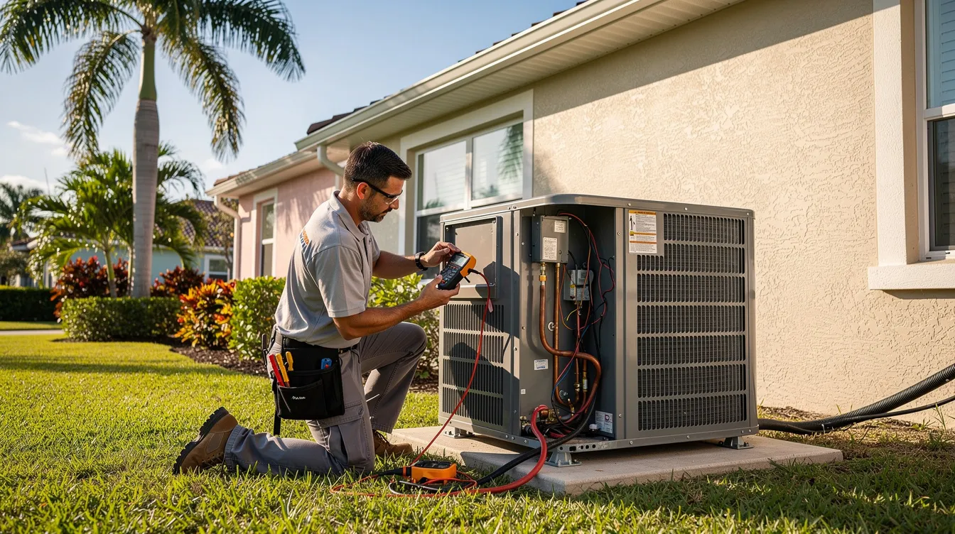 An HVAC technician is diligently servicing an outdoor air conditioning unit at a Florida residential home, with lush palm trees swaying gently in the background. This scene highlights the importance of HVAC services in maintaining comfortable living environments, especially in warm climates.