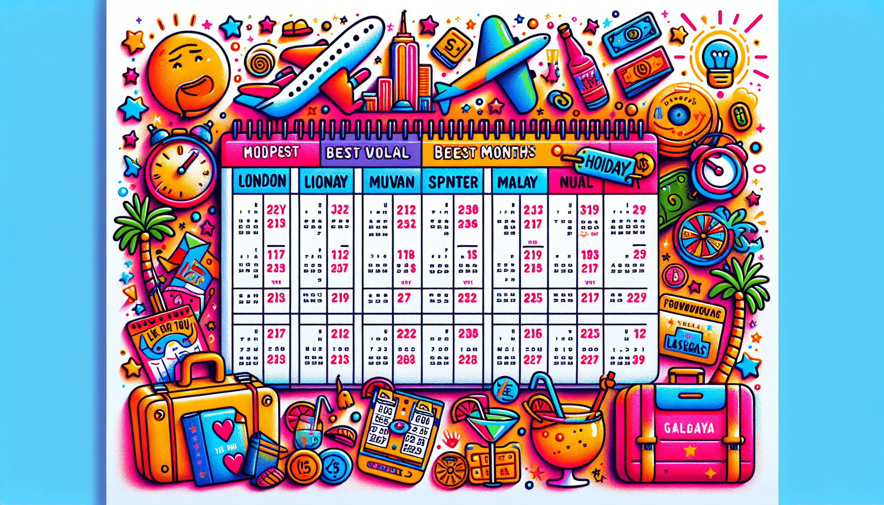 An illustration depicting the cheapest times to fly from London to Las Vegas.