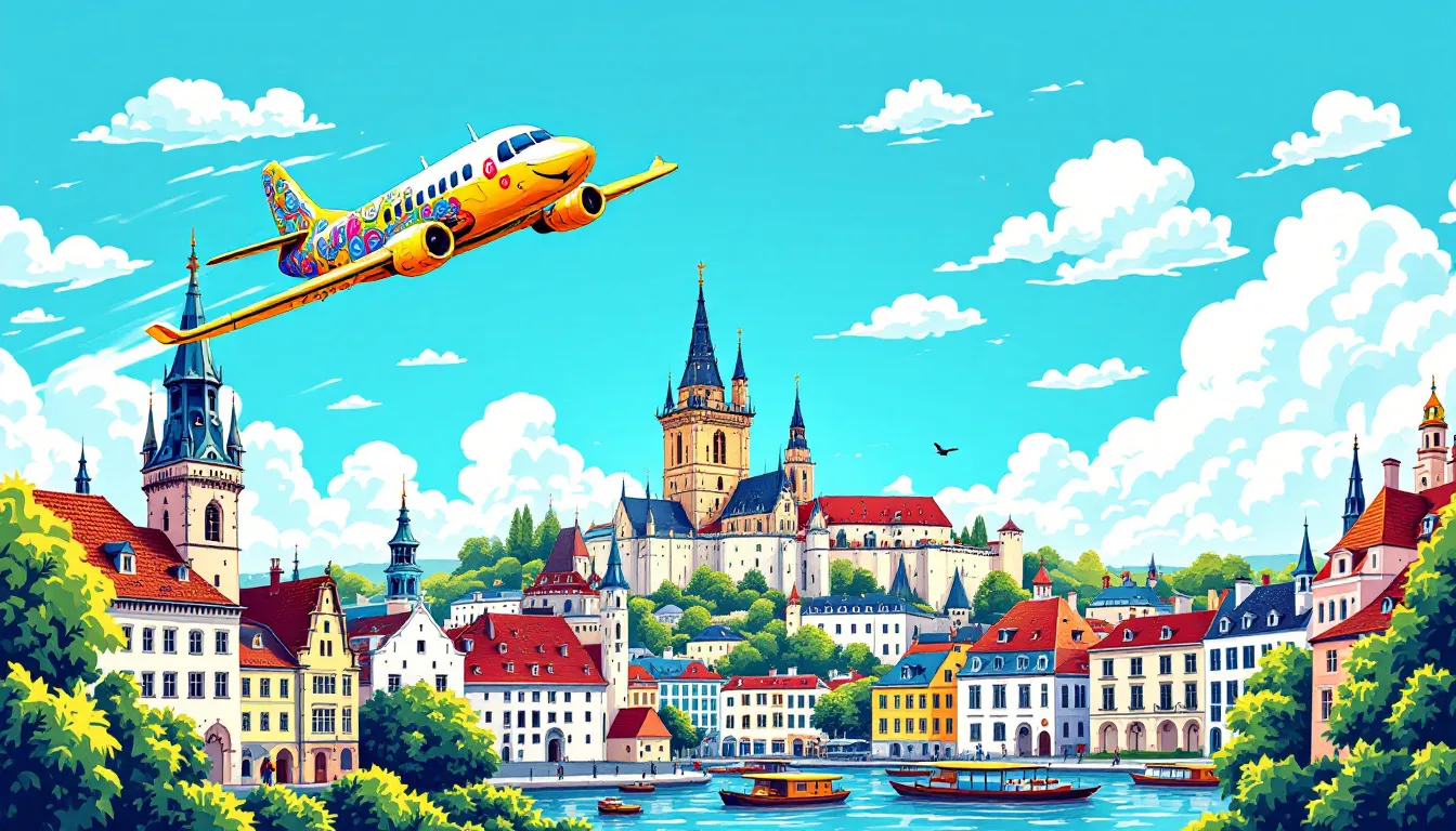 An airplane flying towards Kraków, symbolizing cheap flights from the U.K.