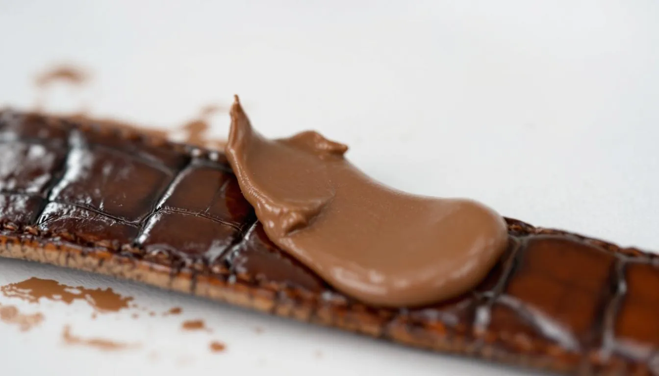 A person is applying a proper leather conditioning technique to a brown alligator watch strap, showcasing the care and craftsmanship involved in maintaining alligator straps. The image highlights the sophistication of alligator leather as it is treated to enhance its unique texture and durability.