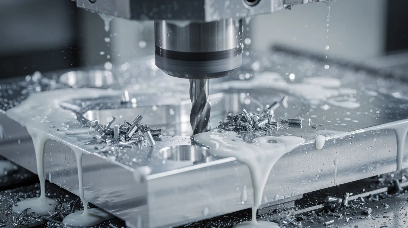 A close-up photograph showcases a CNC milling machine actively cutting an aluminum workpiece, with coolant fluid spraying onto the rotating end mill to maintain optimal temperature. This image highlights the precision and efficiency of CNC technology in modern manufacturing processes.