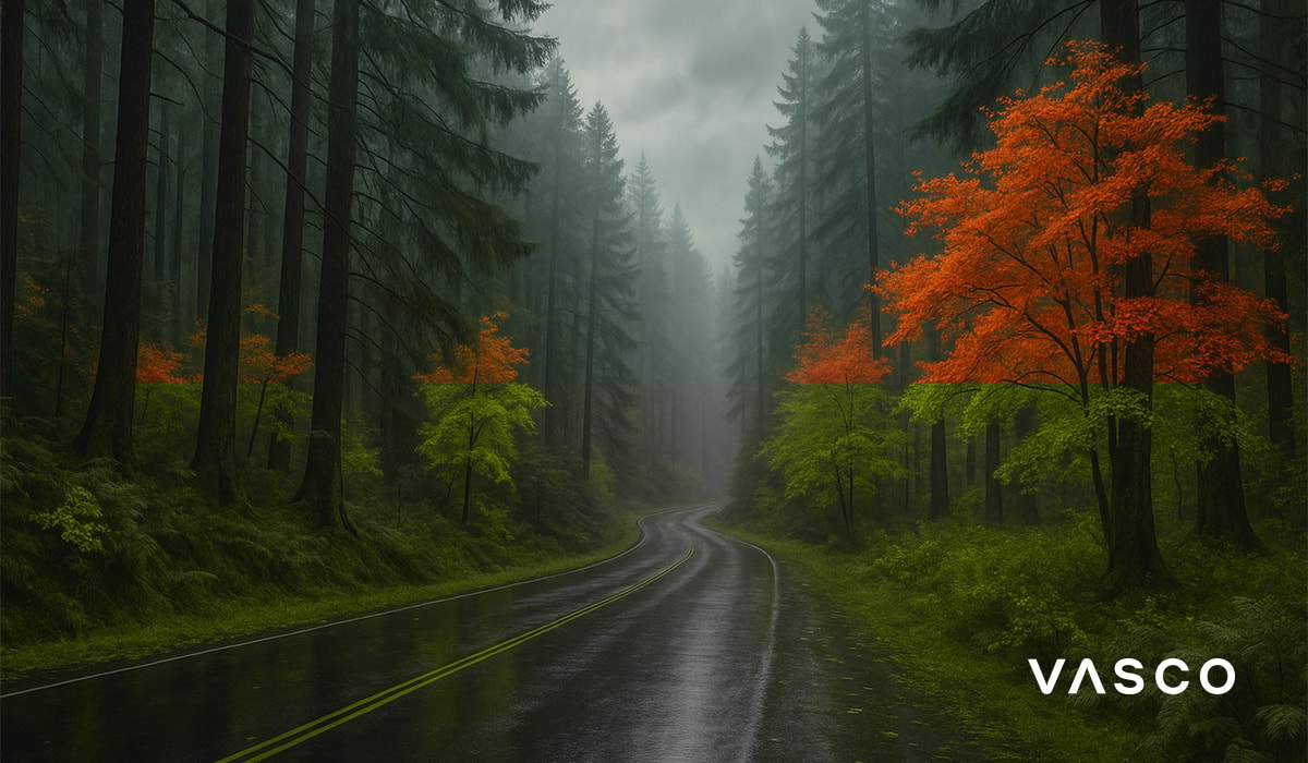 Strada forestale avvolta dalla nebbia, con alberi autunnali arancioni e asfalto bagnato.