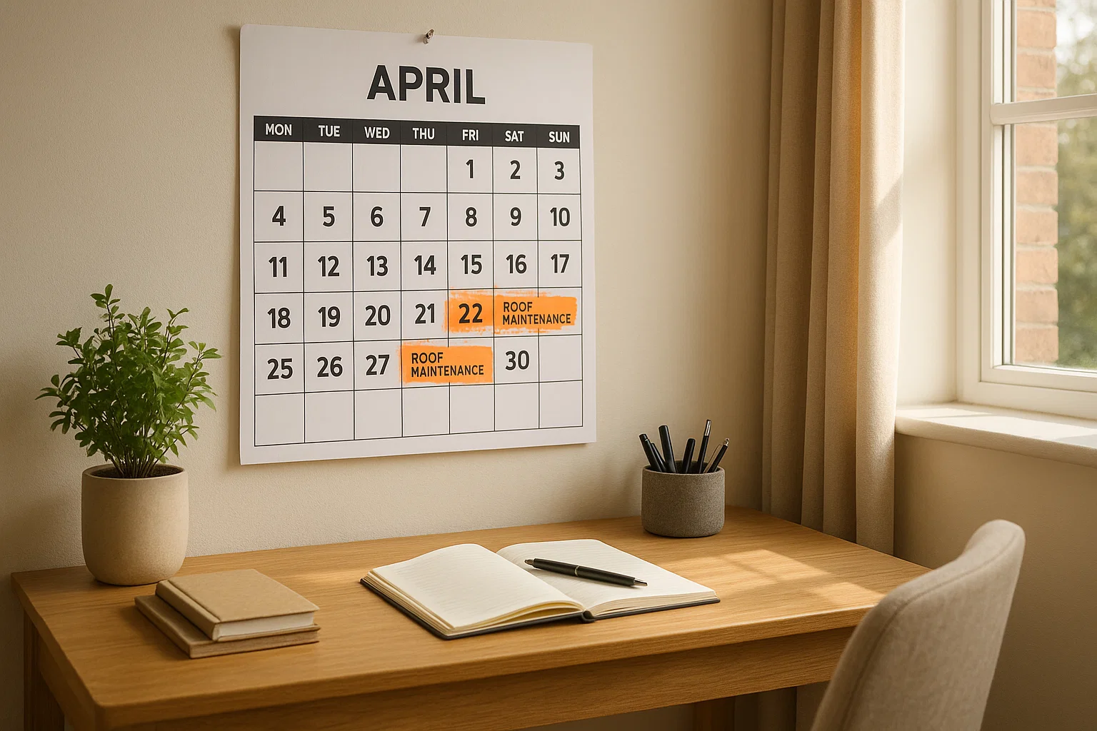 A calendar showing planned roof maintenance dates for preventative care.
