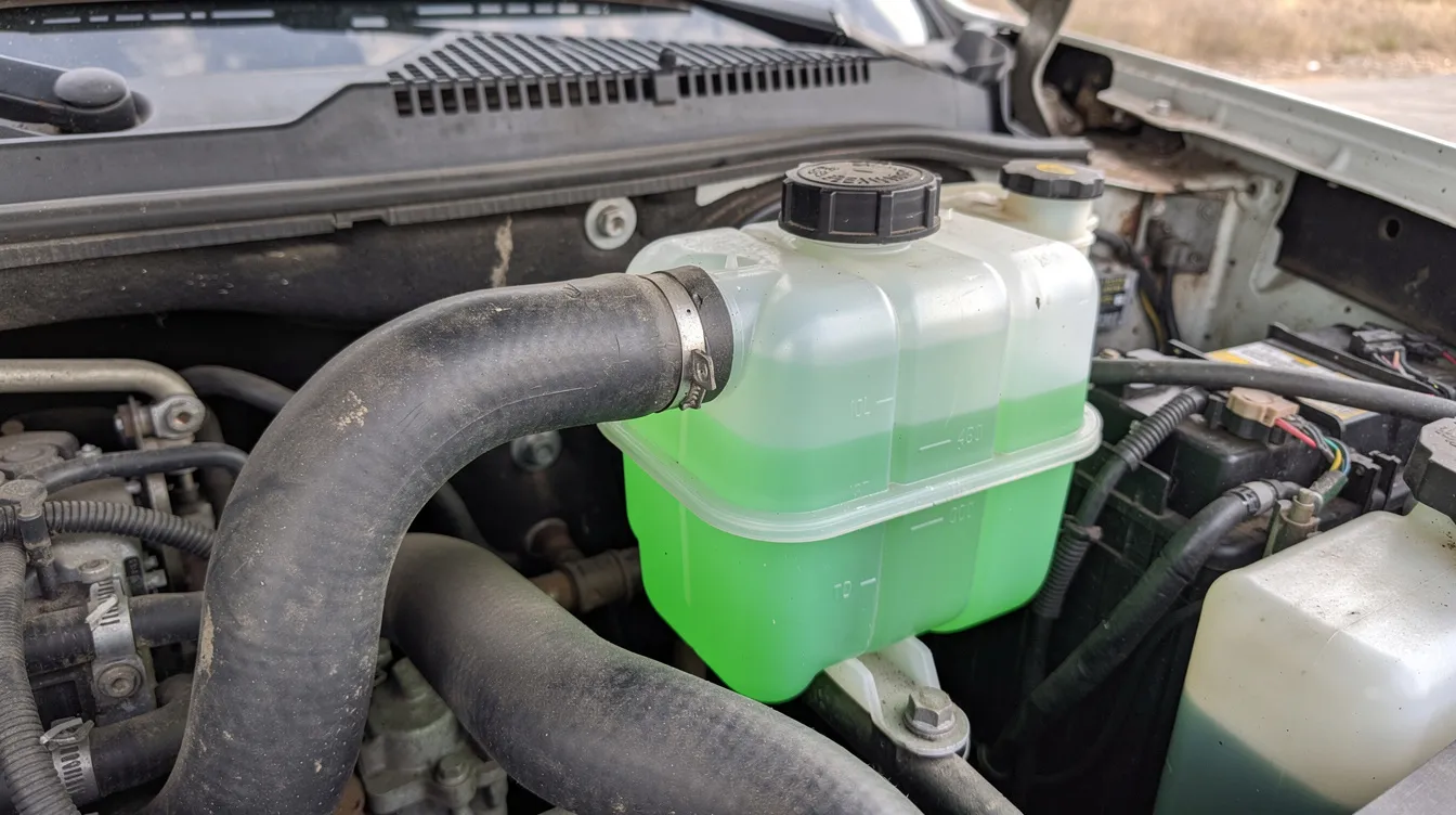 The image shows a truck engine compartment featuring a coolant reservoir and hoses, highlighting essential components of the vehicle's cooling system. Visible leaks around the coolant reservoir may indicate a failing water pump or other issues that could lead to overheating and severe engine damage if not addressed.