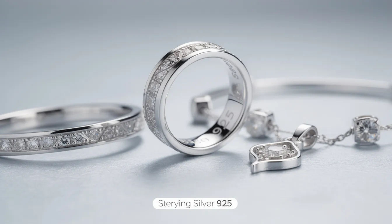 A beautifully arranged collection of sterling silver jewellery, featuring a variety of pieces including earrings, necklaces, and rings, all showcasing the lustrous finish of the alloy. The display highlights the elegant designs and cool-toned look that silver fans adore, perfect for any occasion.