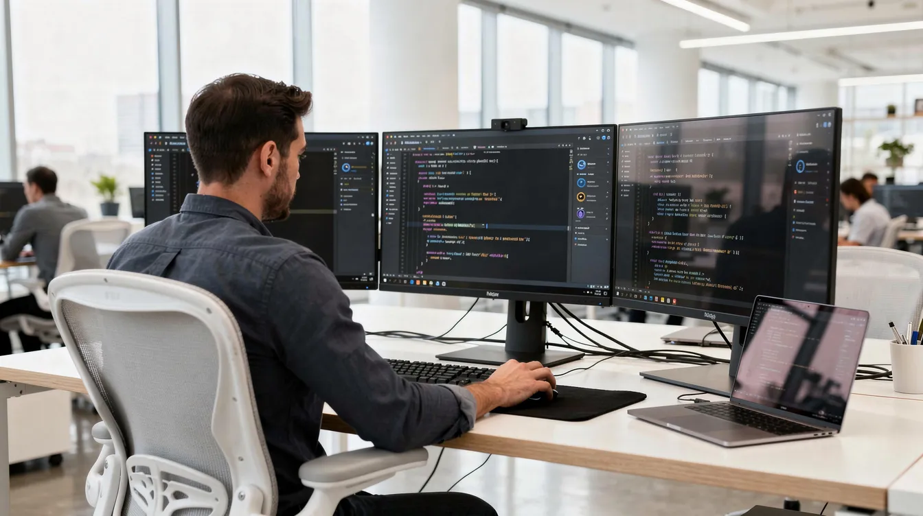 The image depicts a professional software developer focused on their work at a desk equipped with multiple monitors in a bright, modern office environment. The setting suggests a dynamic workspace that supports employment opportunities, particularly for individuals holding valid employment permits in Ireland.