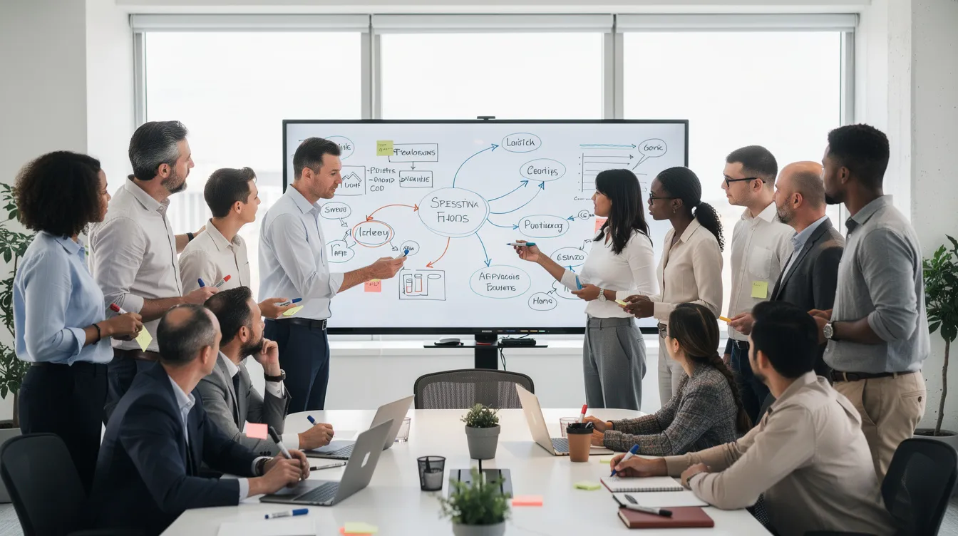 L'image montre un groupe de professionnels engagés dans un atelier de travail collaboratif, debout autour d'un grand tableau blanc rempli de schémas et de flèches, illustrant des idées et des processus d'intelligence collective. Cette scène reflète la puissance créative de l'équipe, favorisant la communication et la prise de décision au sein de l'organisation.