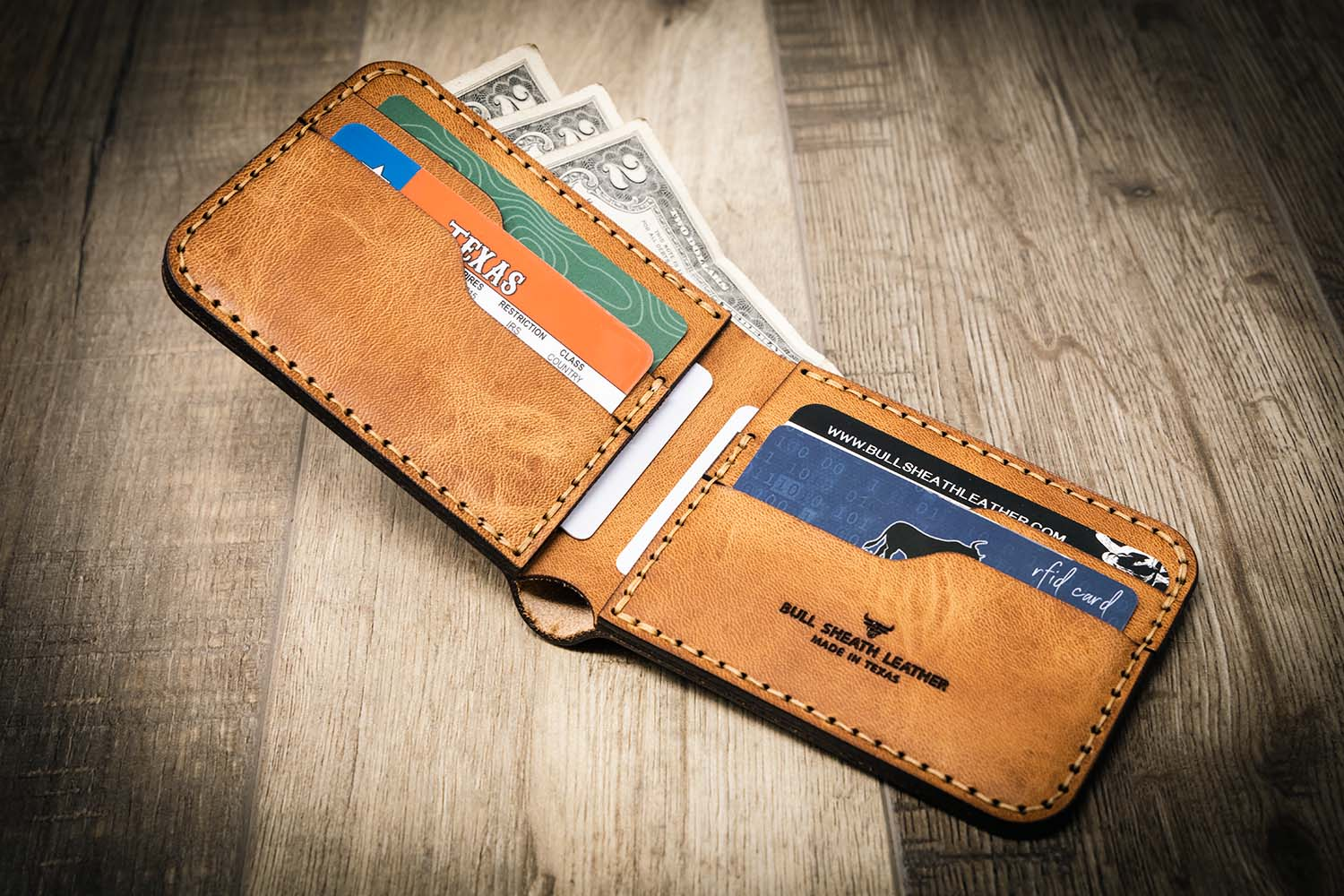 A stylish men's leather bifold wallet in a pants pocket