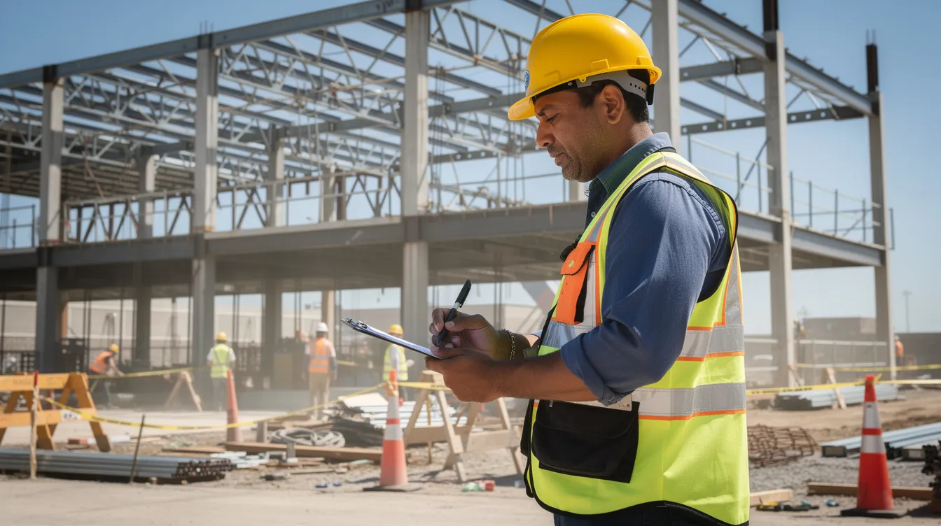 A construction supervisor wearing a hard hat is inspecting safety conditions on an active commercial job site, with steel framing visible in the background. The image highlights the importance of construction safety management and proactive risk management in ensuring worker safety on construction sites.