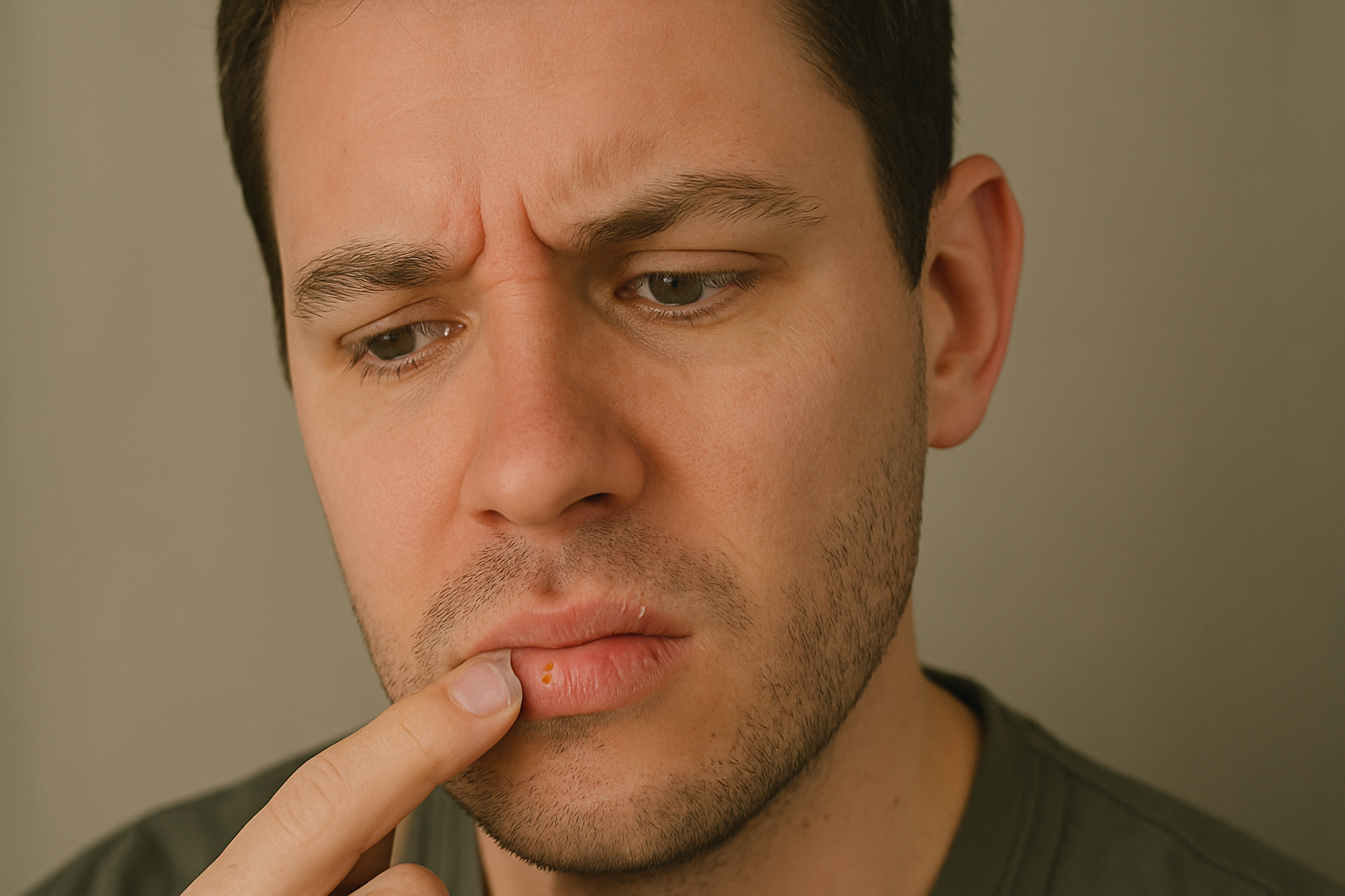 Herpes Munnsår: Hva Gjør Du Når Leppa Plutselig Blomstrer? 17 Ung mann med munnsår på leppen berører området forsiktig.