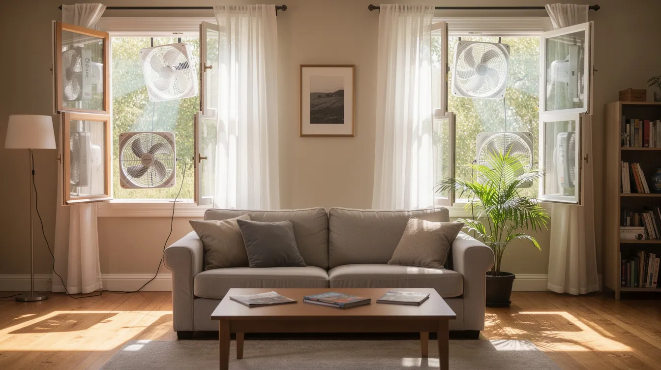 The image shows an inviting living room with open windows and box fans strategically placed to create cross-ventilation, helping to rid the space of lingering smoke odors and improve indoor air quality. This setup is ideal for eliminating smoke particles and bringing in fresh air, making it a practical solution for homes affected by cigarette smoke or fire smoke smell.