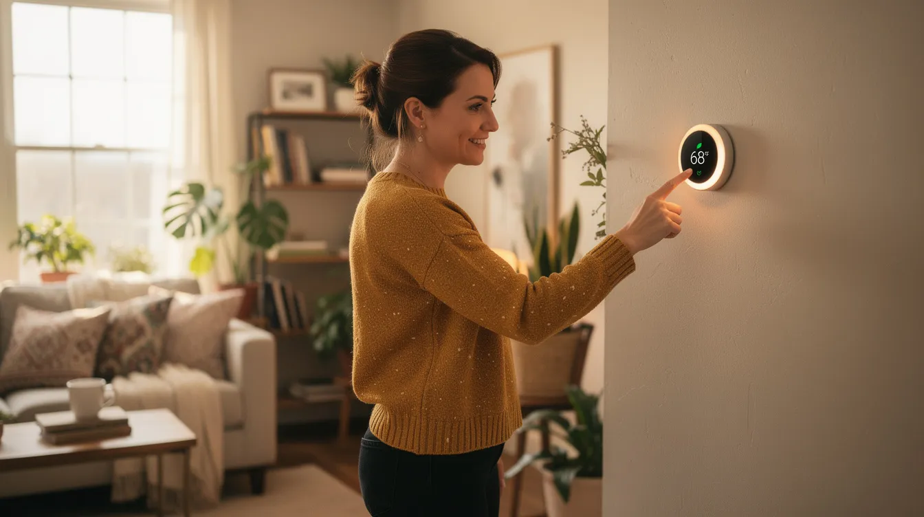 A smiling female homeowner in her mid-30s adjusts a sleek Nest Learning Thermostat in her cozy, sunlit living room, while dressed in a mustard-yellow sweater and dark jeans. The warm and inviting atmosphere features natural light, a plush sofa, and decorative plants, highlighting the importance of maintaining a comfortable air conditioning system in her home.